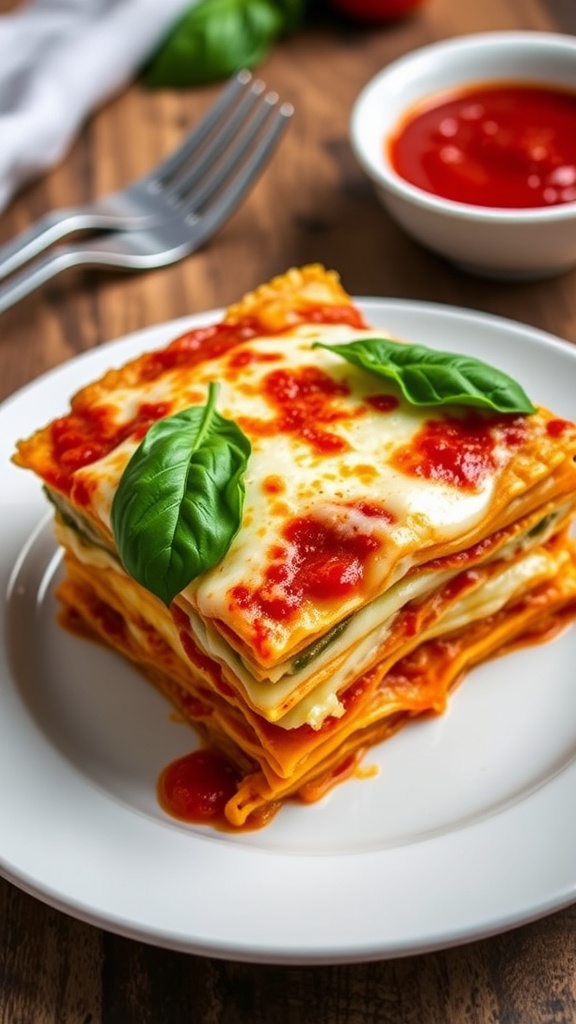 A slice of cheesy lasagna with layers of meat and sauce, garnished with basil on a plate.